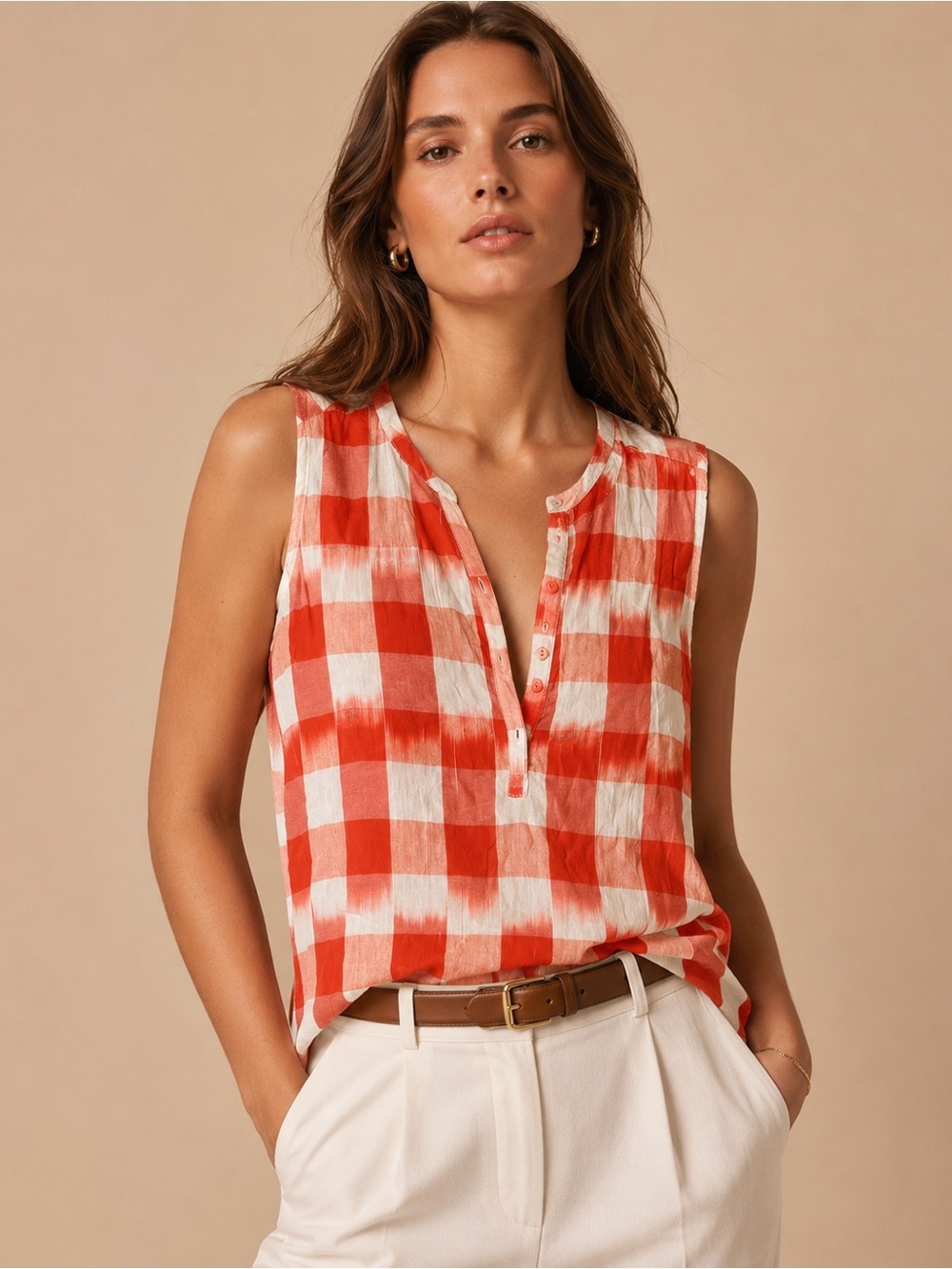 Passport Sleeveless Red & White Checked Henley Camisole